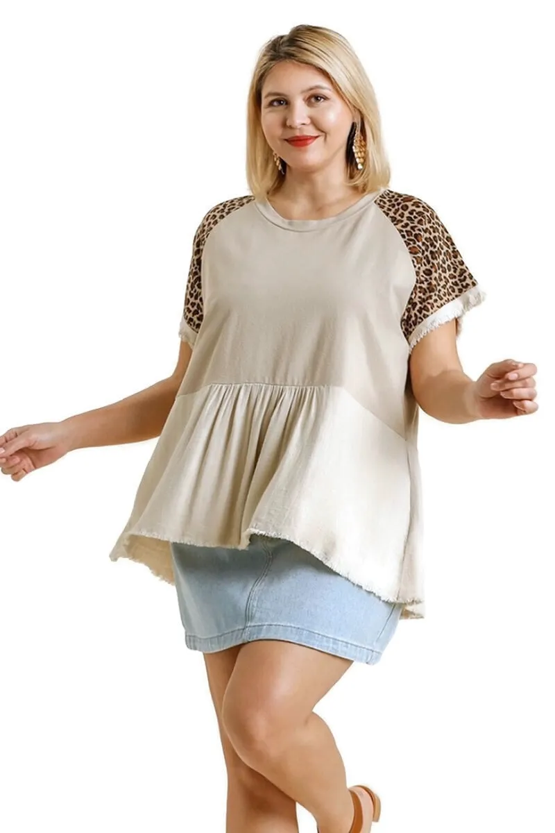 Leopard Sleeve Babydoll Top, Oatmeal