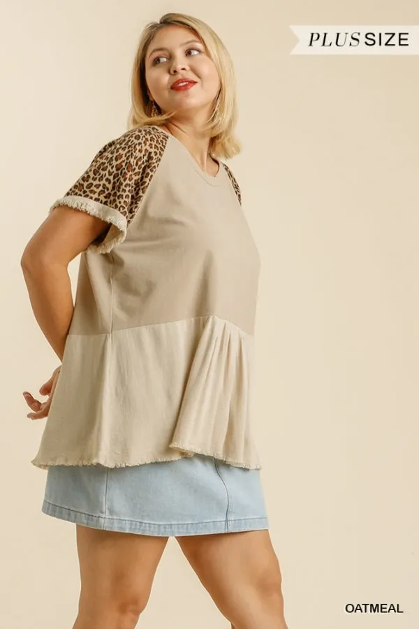 Leopard Sleeve Babydoll Top, Oatmeal