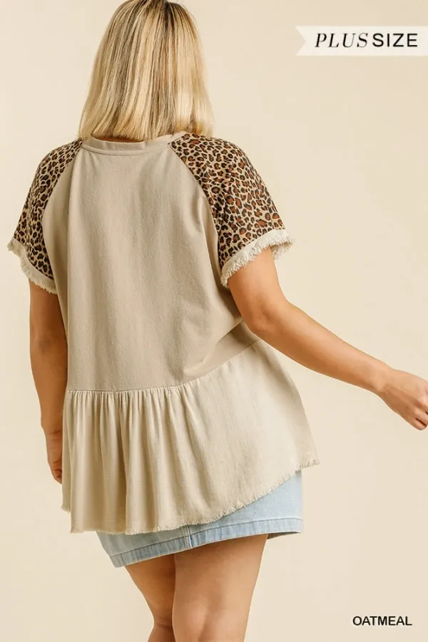 Leopard Sleeve Babydoll Top, Oatmeal