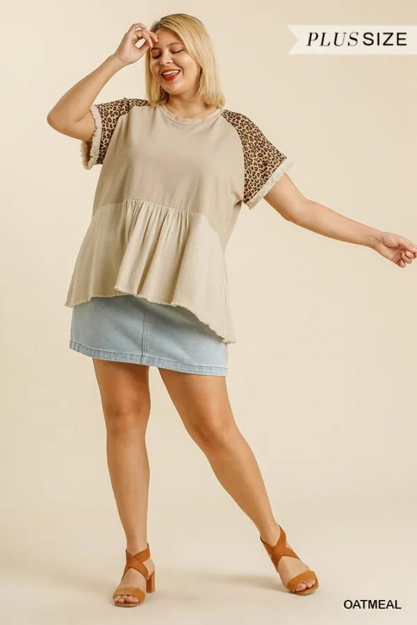 Leopard Sleeve Babydoll Top, Oatmeal