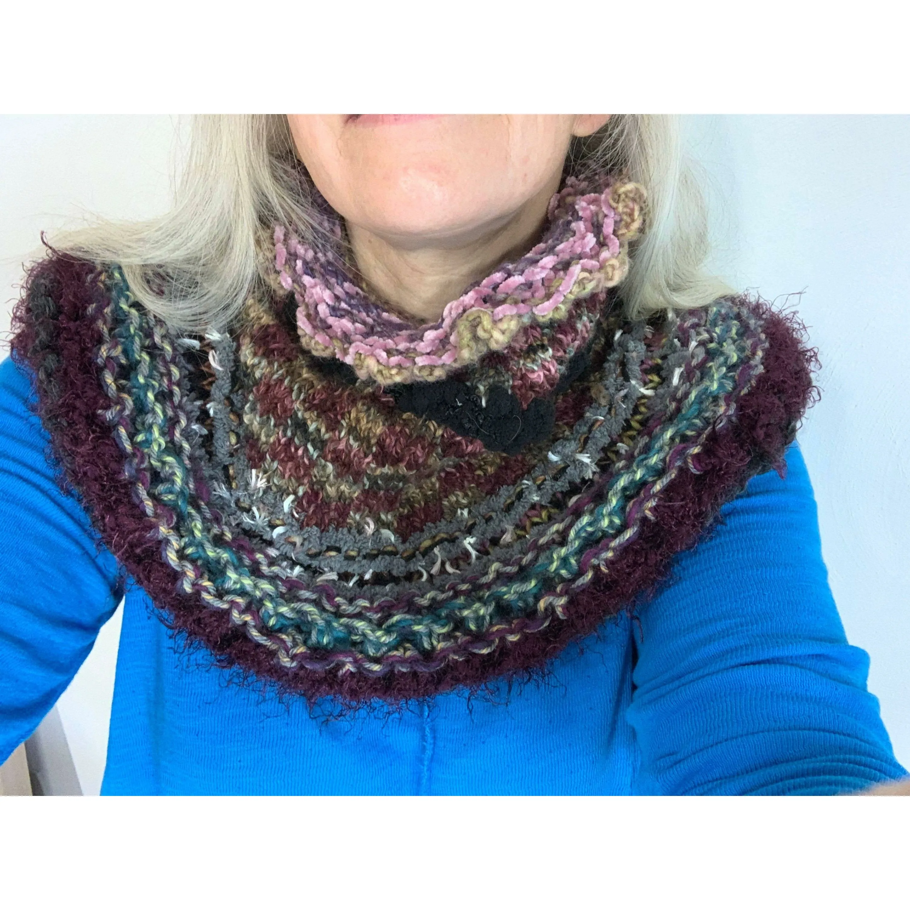 Long Hand knit in one piece soft infinity scarf adornment with multiple stitch and color changes. Winter scarf.