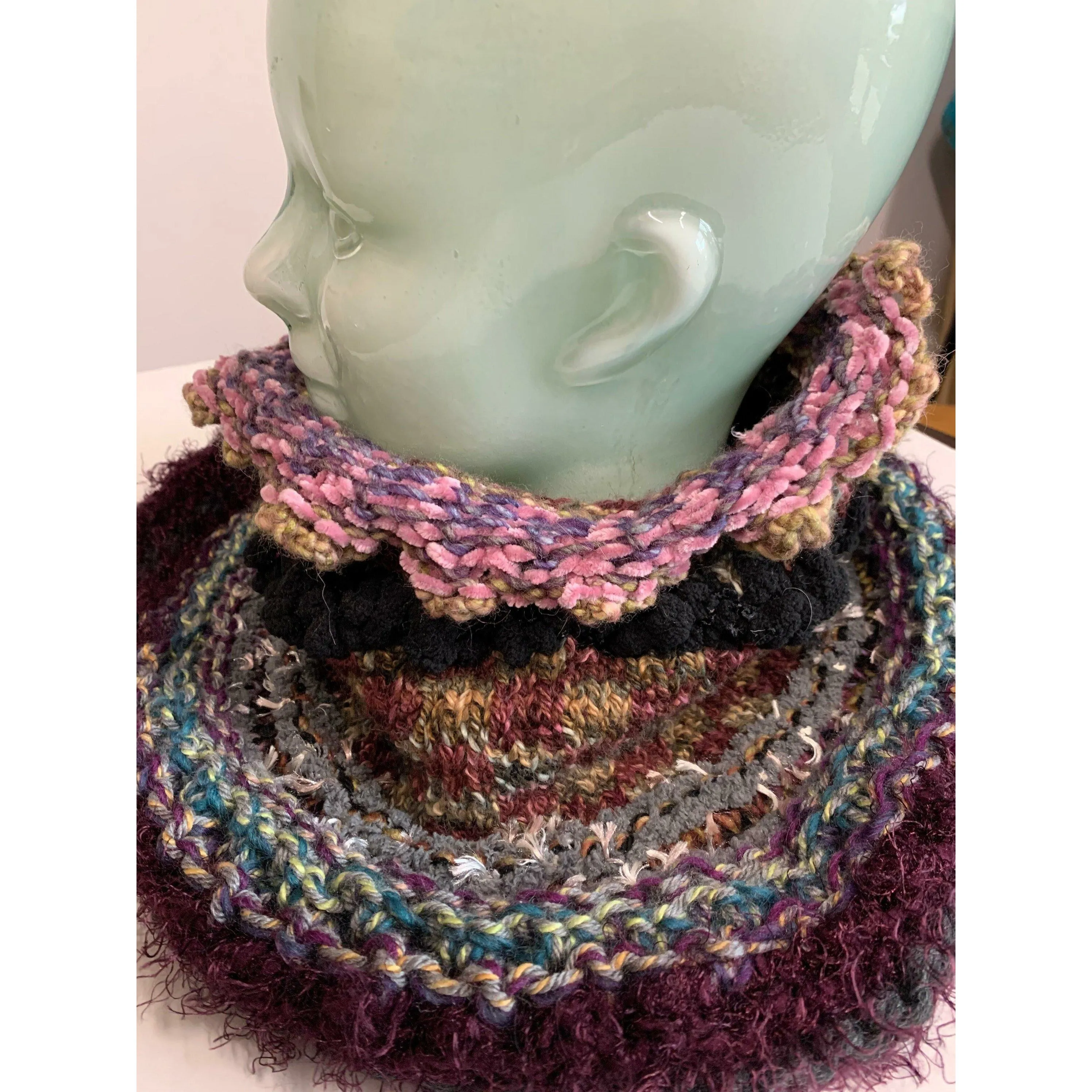 Long Hand knit in one piece soft infinity scarf adornment with multiple stitch and color changes. Winter scarf.