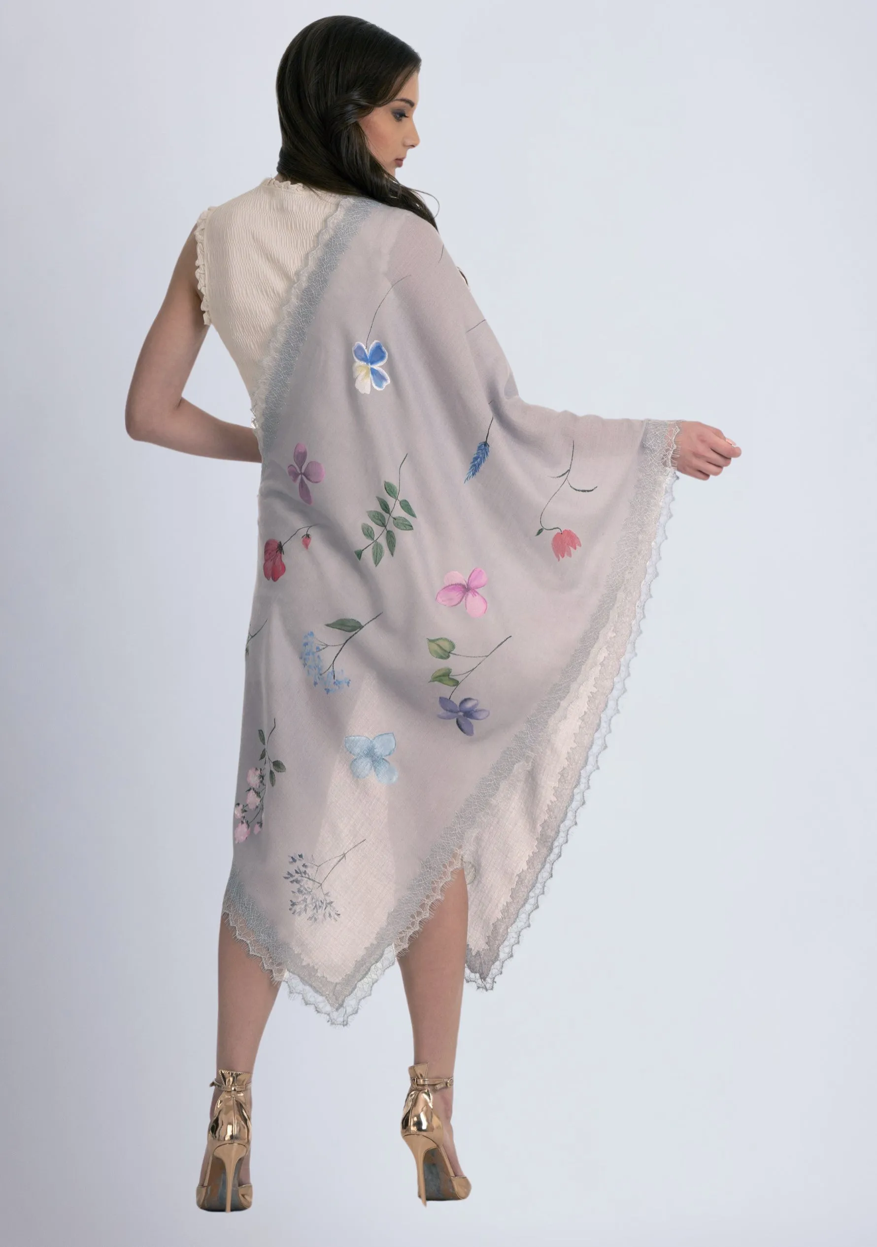 Lt. Grey Cashmere Scarf with Hand-Painted Prime Design and a Lt. Grey Lace Border