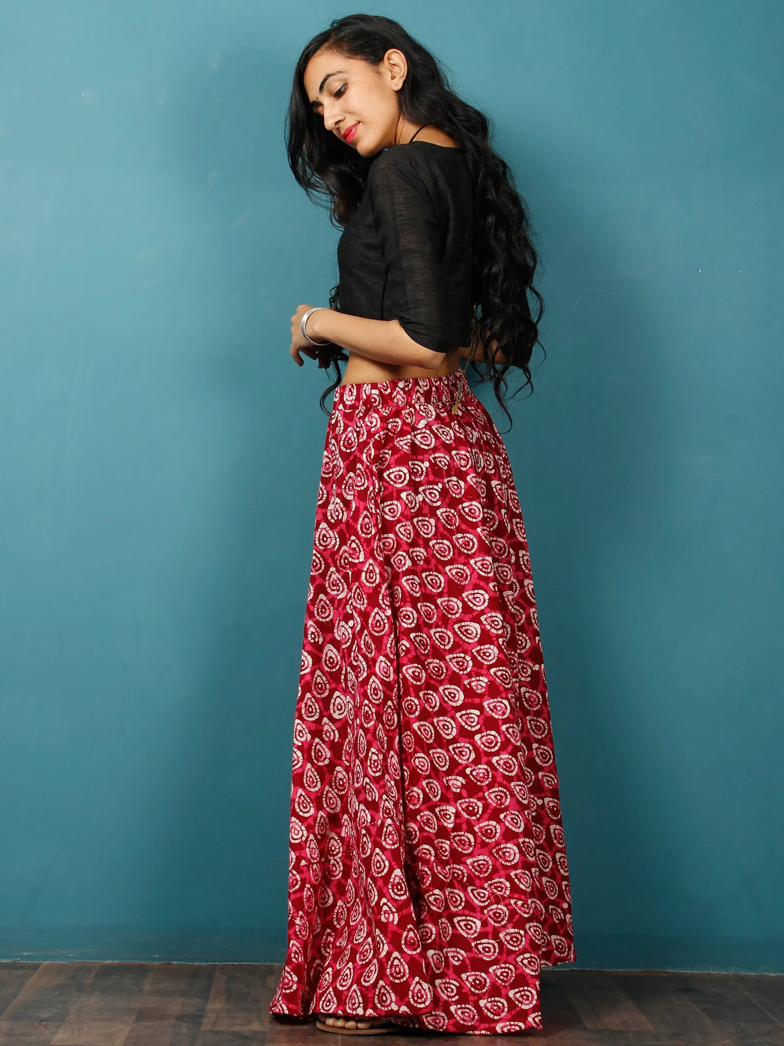 Maroon Pink White Hand Block Printed Skirt  - S40F333