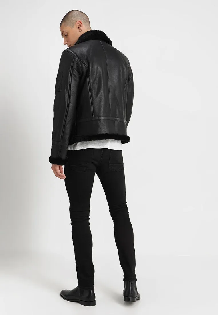 Men's Aviator Black Leather Shearling Jacket