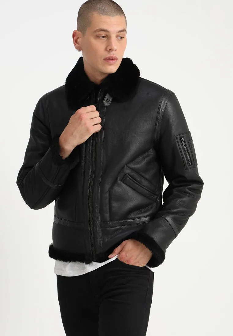 Men's Aviator Black Leather Shearling Jacket