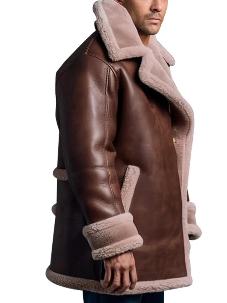 Men's Brown Shearling Leather Jacket with Plush Collar