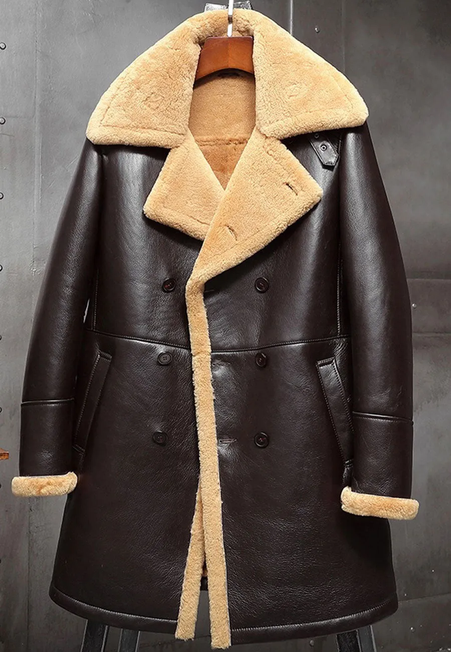 Men’s Dark Brown Leather Shearling Long Coat