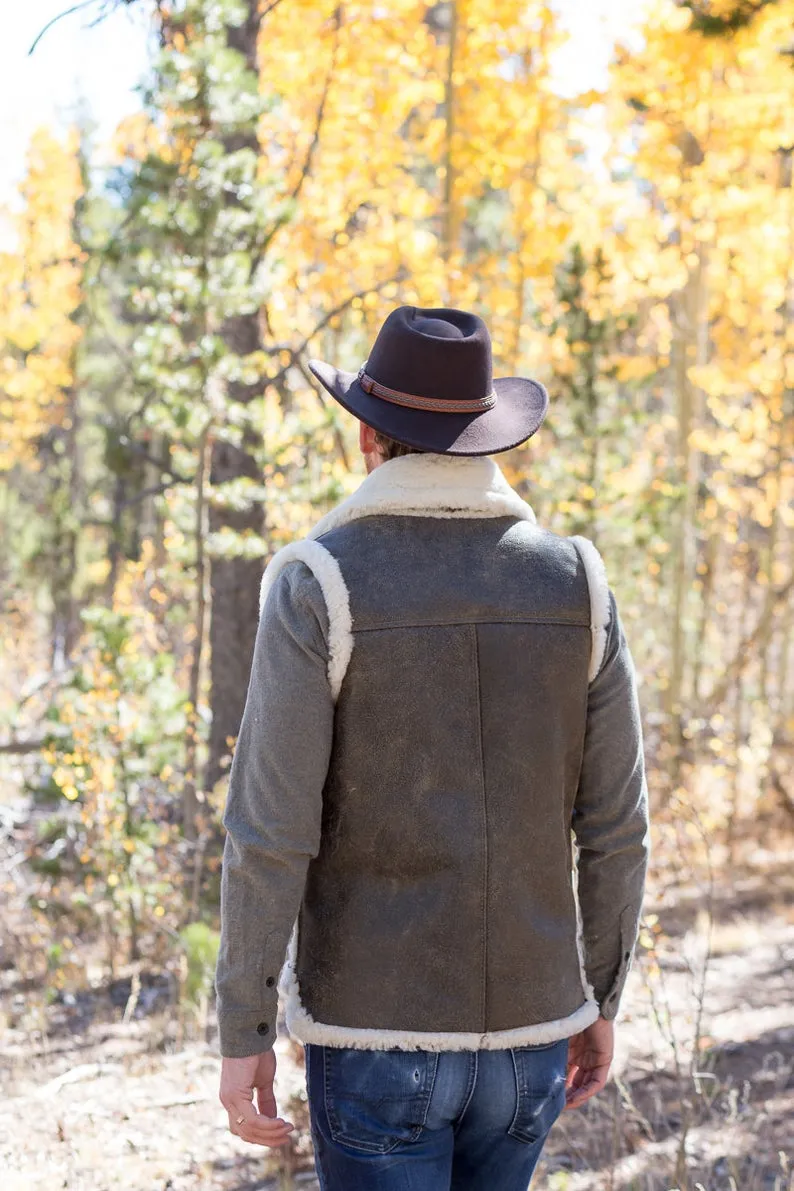 Men’s Distressed Dark Brown Leather Shearling Vest