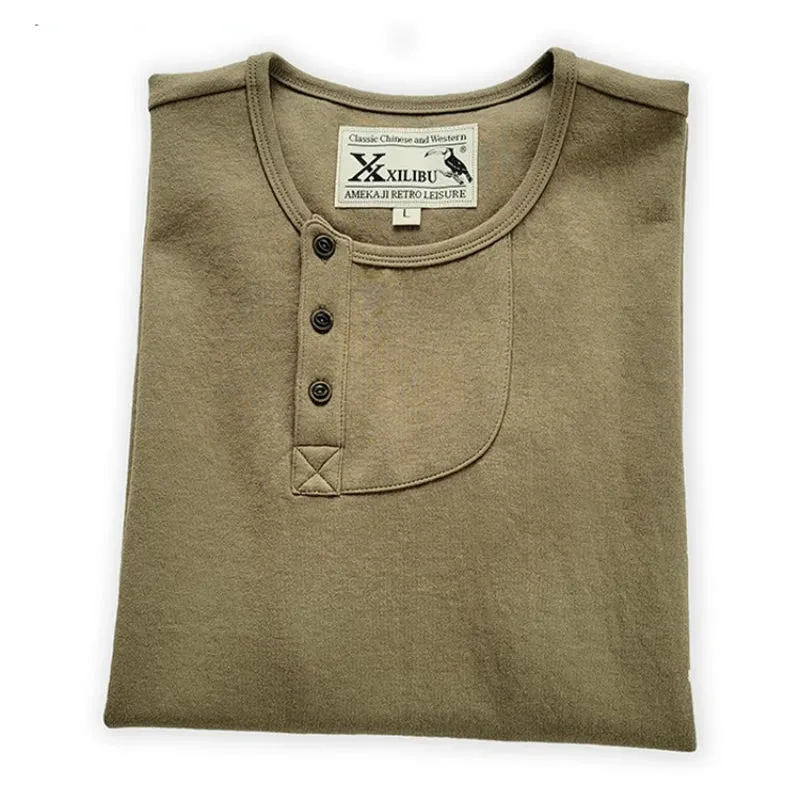 Men's Vintage Henley Collar T-shirt - Khaki Green Cotton Tees