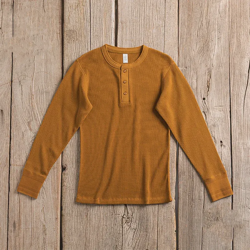 Men's Waffle Pattern Henley Shirt with Long Sleeves