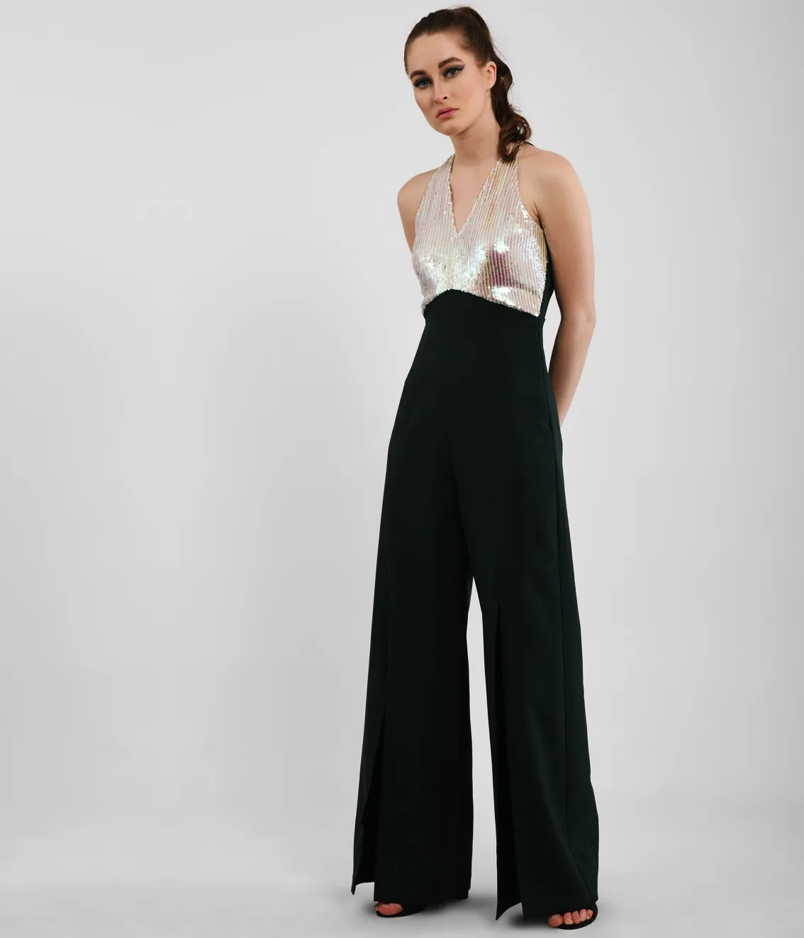 Metallic Plunge Vneck Jumpsuit With Slits