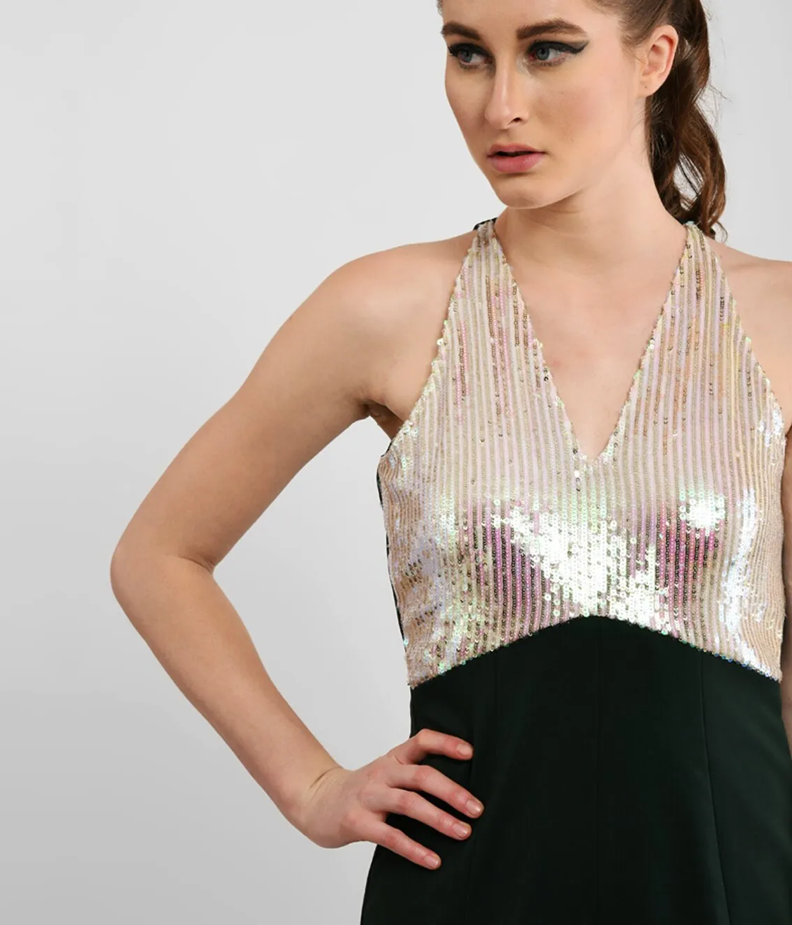 Metallic Plunge Vneck Jumpsuit With Slits