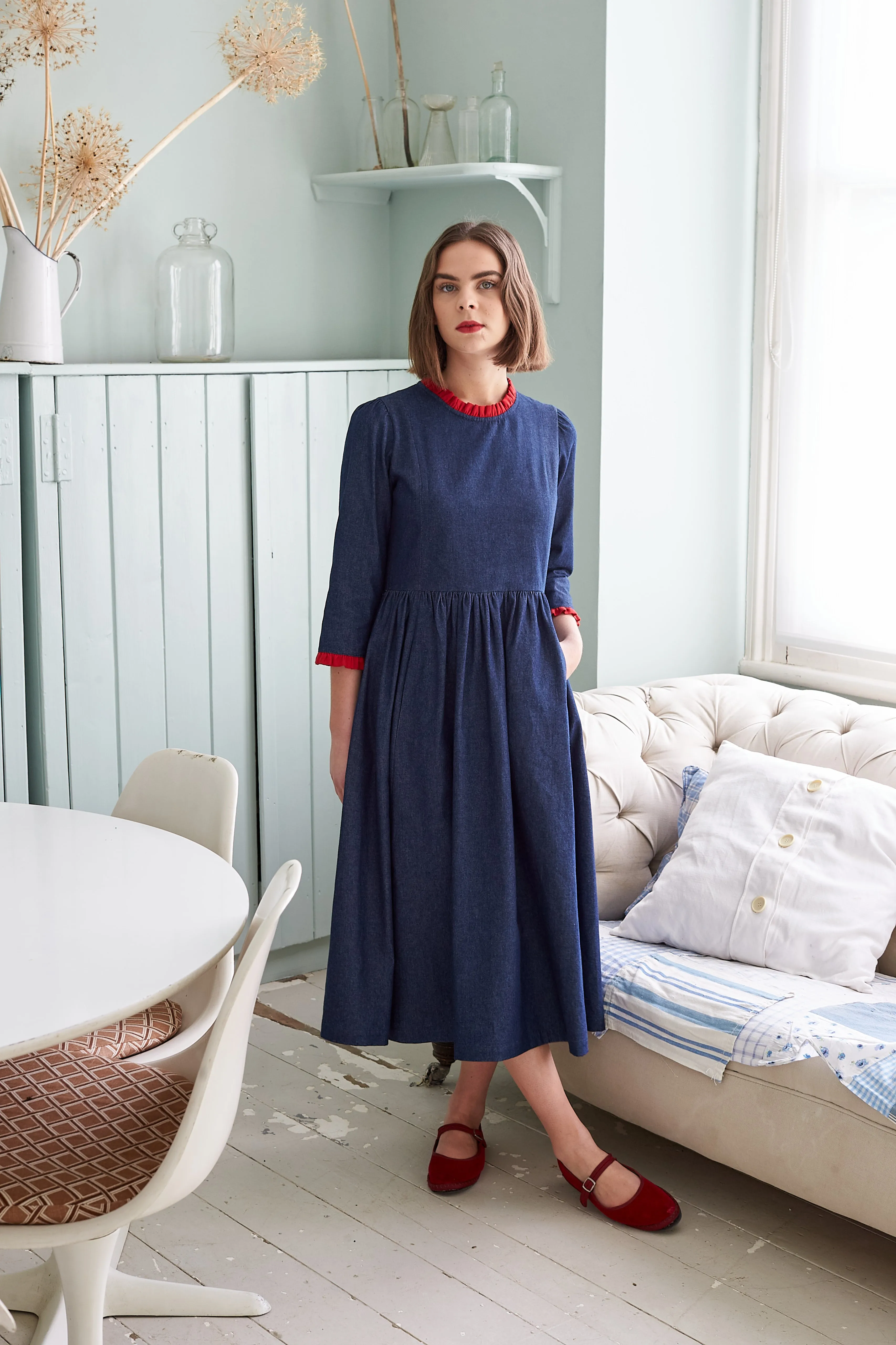 Mia Dress in Denim with Red Linen Trim