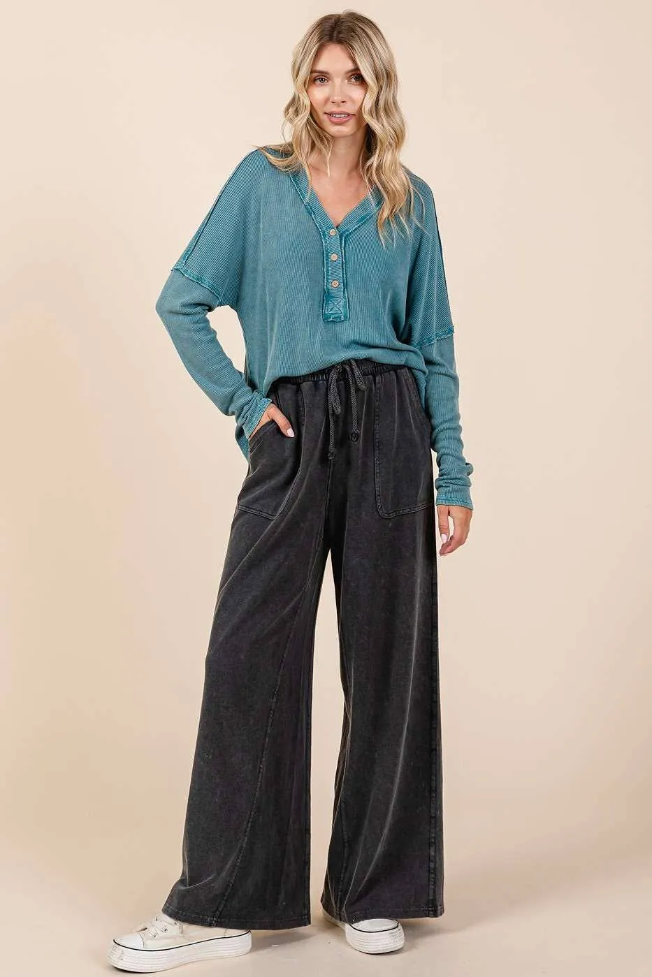 MINERAL WASH FRENCH TERRY WIDE LEG PANTS