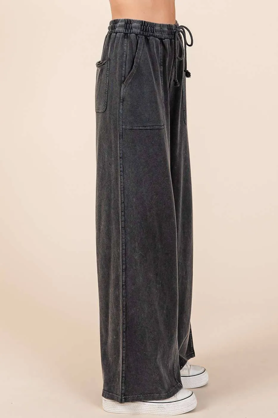 MINERAL WASH FRENCH TERRY WIDE LEG PANTS