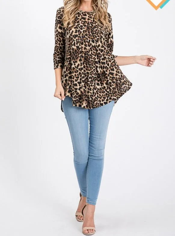 Miracles Happen Leopard Boho Babydoll 3/4 sleeve tunic