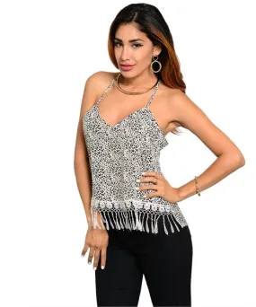 Misses Ivory Leopard Print Tank Top with Fringe Accents