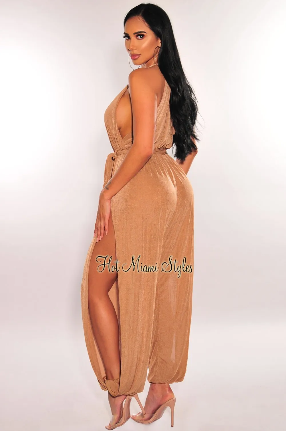 Mocha Shimmery Slit Hem Belted Harem Jumpsuit