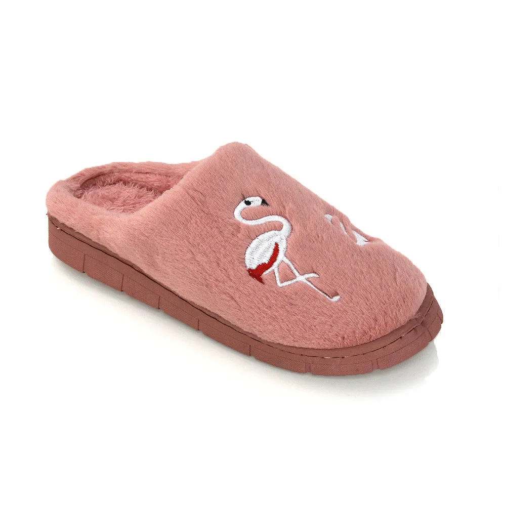 Morgan Faux Fur Fluffy Flat Cosy Flamingo Embellished Slipper Mules in Dusky Pink