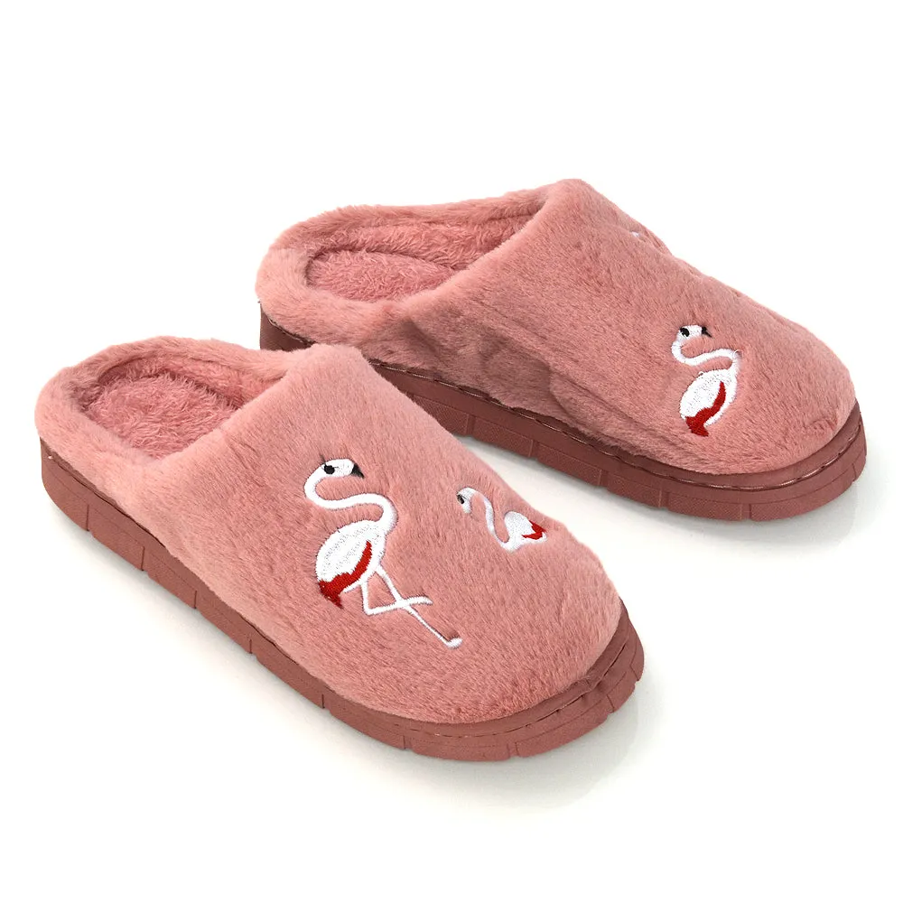 Morgan Faux Fur Fluffy Flat Cosy Flamingo Embellished Slipper Mules in Dusky Pink