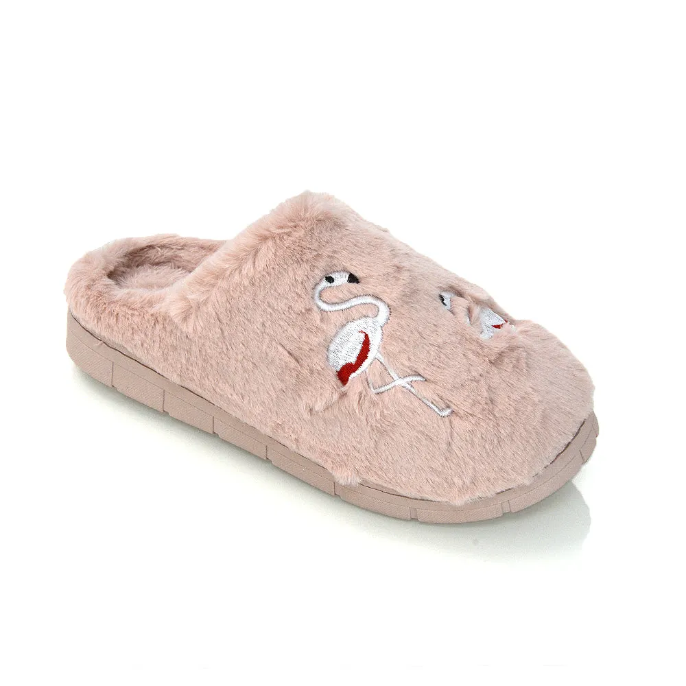 Morgan Faux Fur Fluffy Flat Cosy Flamingo Embellished Slipper Mules in Dusky Pink