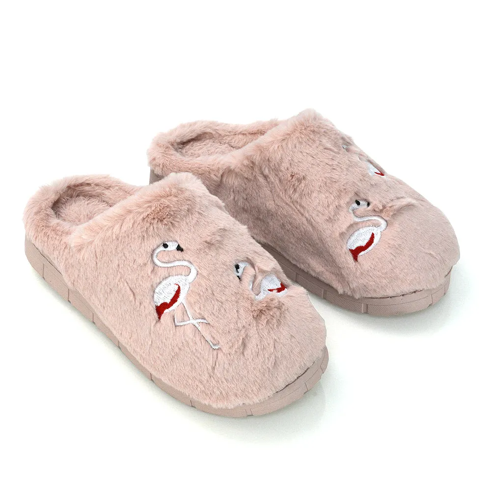 Morgan Faux Fur Fluffy Flat Cosy Flamingo Embellished Slipper Mules in Dusky Pink