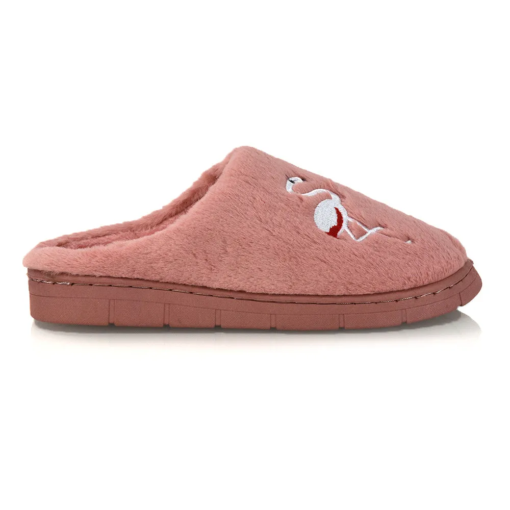 Morgan Faux Fur Fluffy Flat Cosy Flamingo Embellished Slipper Mules in Dusky Pink