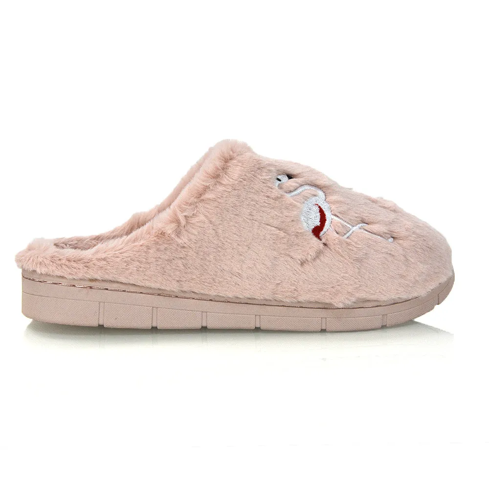 Morgan Faux Fur Fluffy Flat Cosy Flamingo Embellished Slipper Mules in Dusky Pink