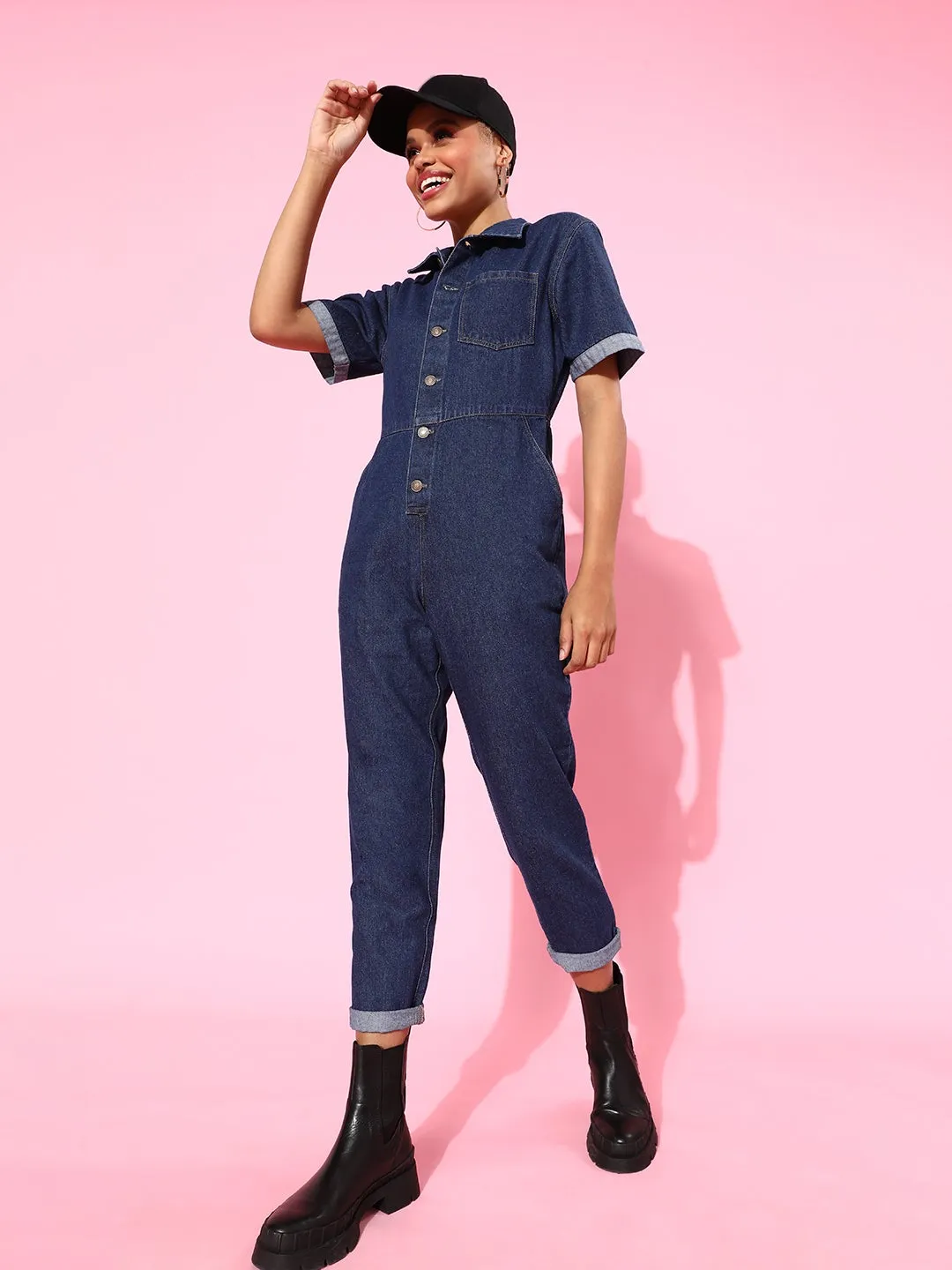 Navy Blue Denim Belted Jumpsuit