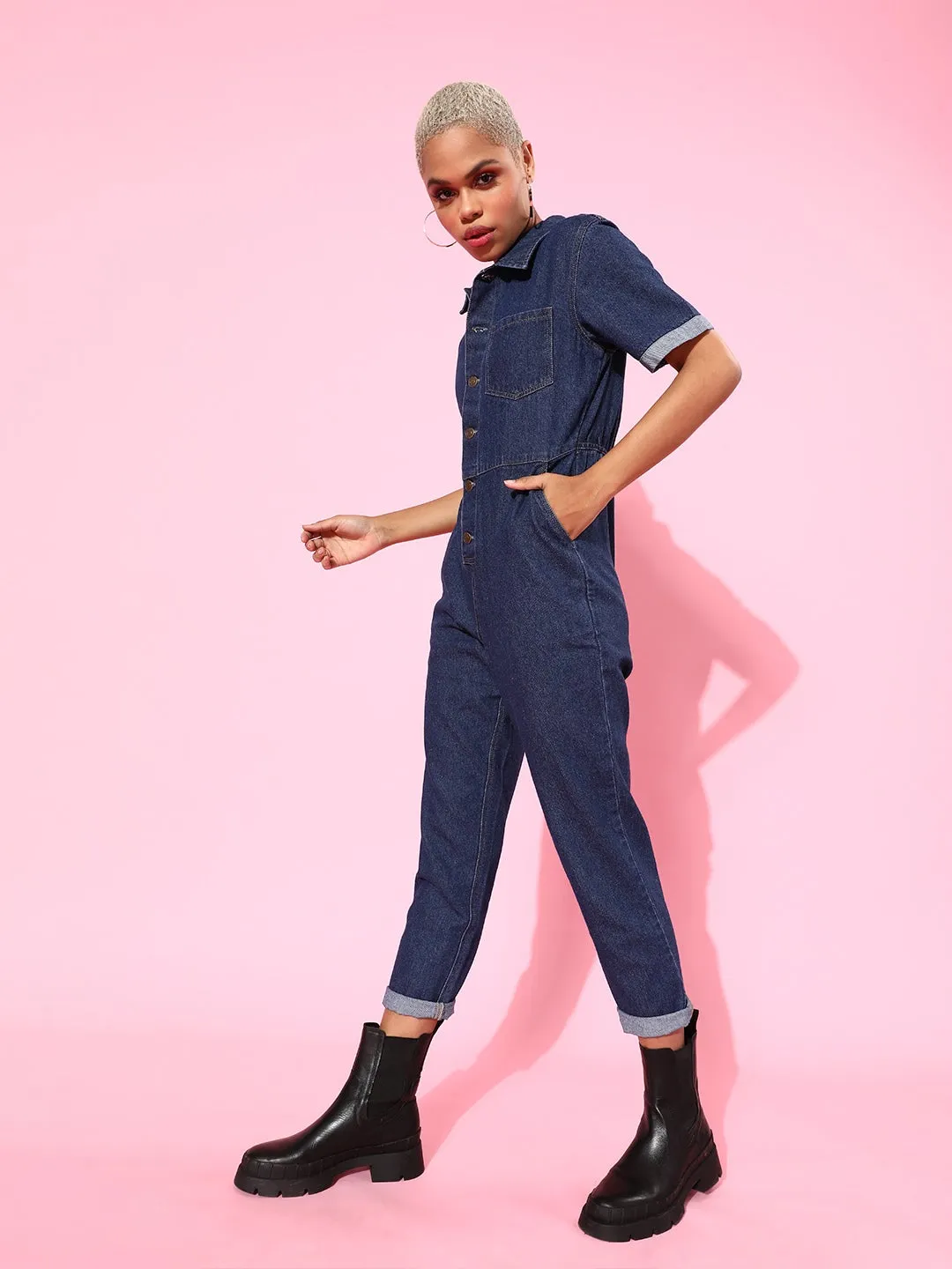 Navy Blue Denim Belted Jumpsuit