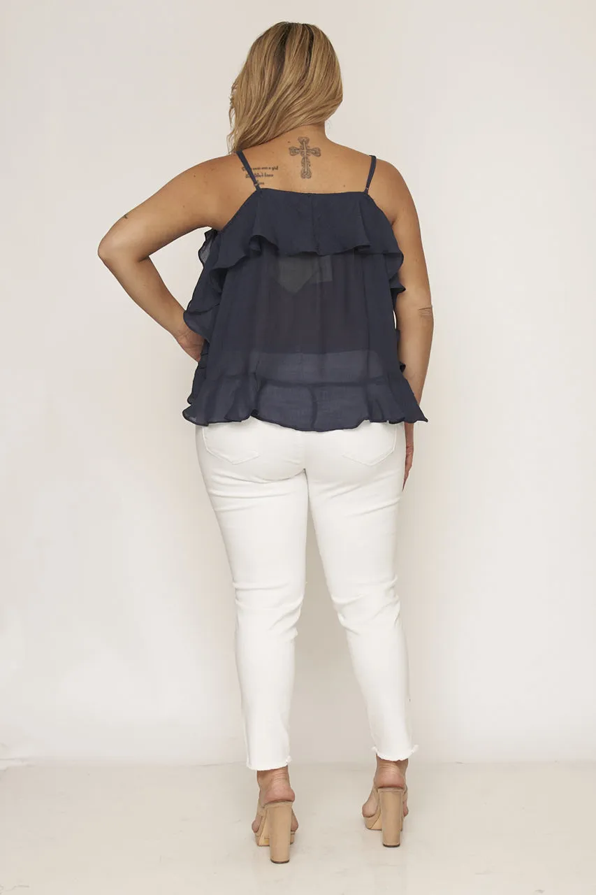 Navy Blue Ruffled Plus Size Tank Top