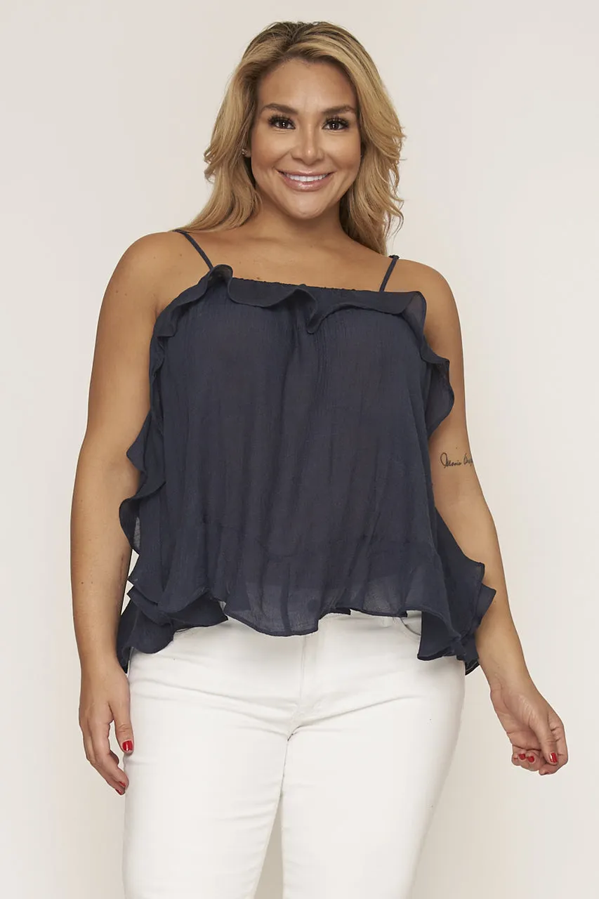 Navy Blue Ruffled Plus Size Tank Top