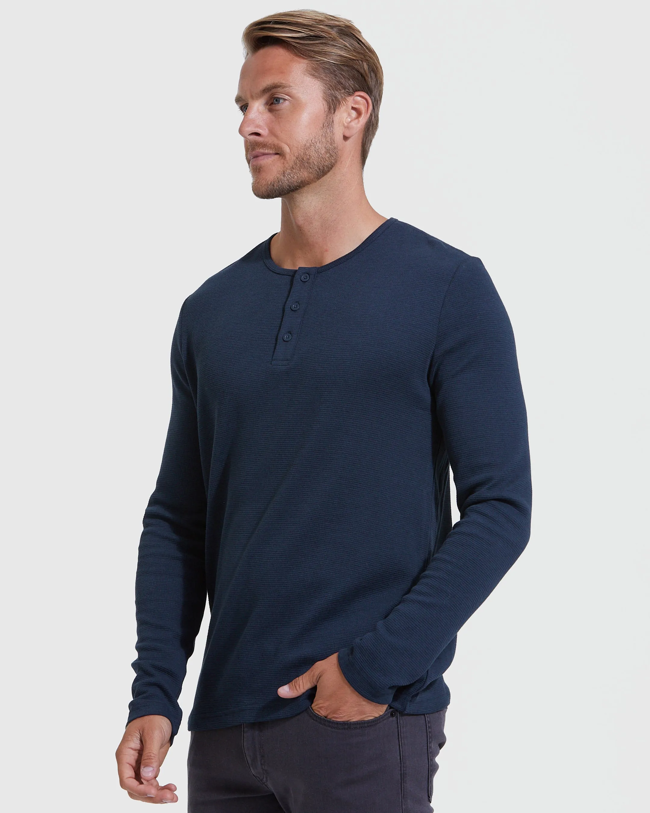 Navy Waffle Long Sleeve Henley