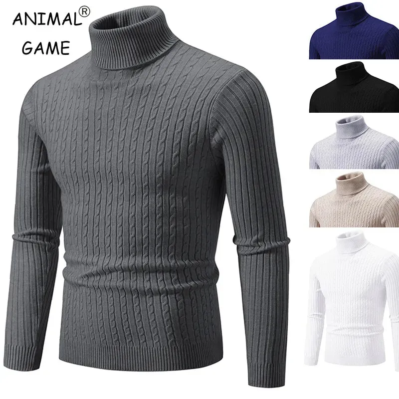 New Men's High Neck Sweater Solid Color Pullover Knitted Warm cho