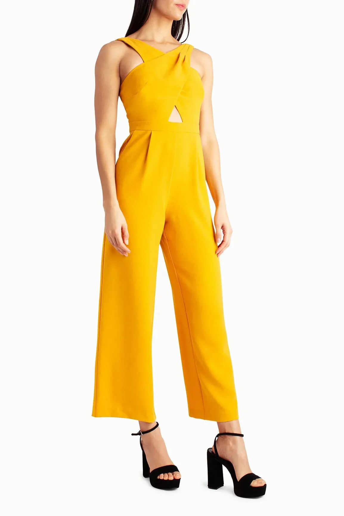 Nicole Miller crisscross halter neck keyhole front sleeveless pleated stretch crepe jumpsuit with pockets