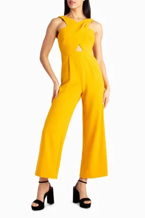 Nicole Miller crisscross halter neck keyhole front sleeveless pleated stretch crepe jumpsuit with pockets