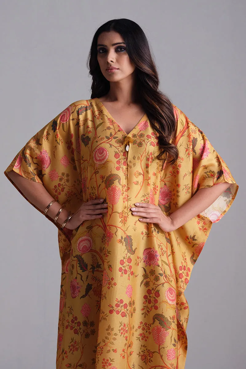 Ochre Yellow Bemberg Raw Silk Chintz Printed Kaftan With Tassel Detailing