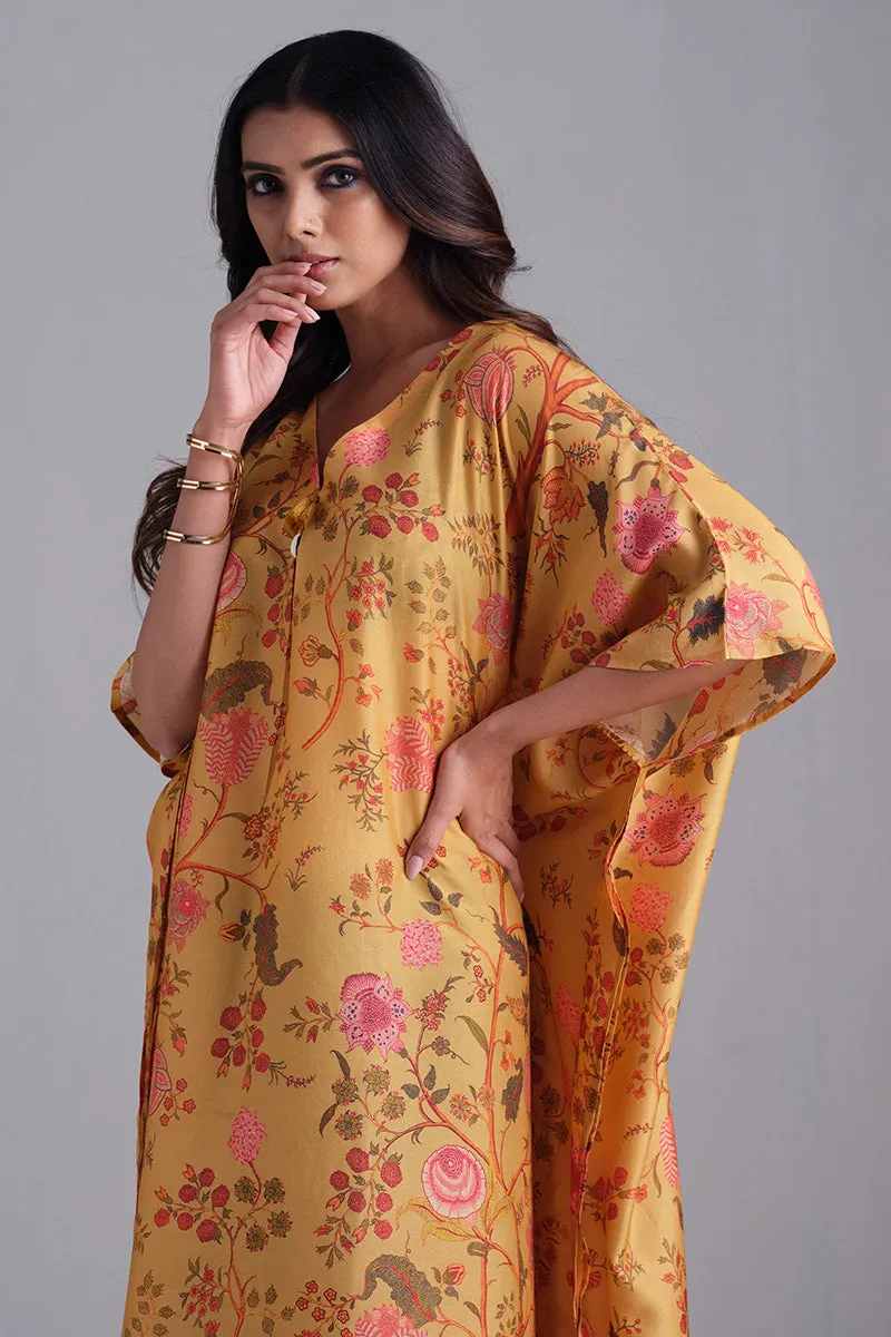 Ochre Yellow Bemberg Raw Silk Chintz Printed Kaftan With Tassel Detailing