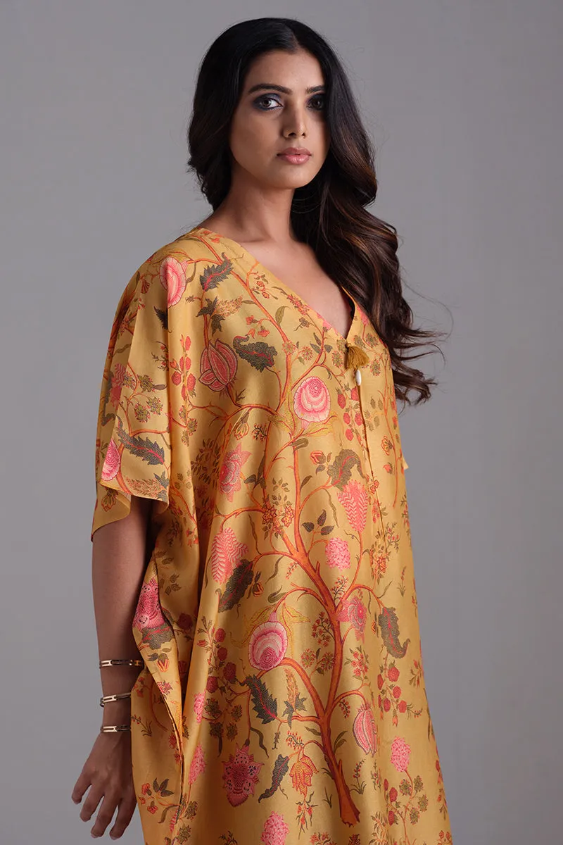 Ochre Yellow Bemberg Raw Silk Chintz Printed Kaftan With Tassel Detailing