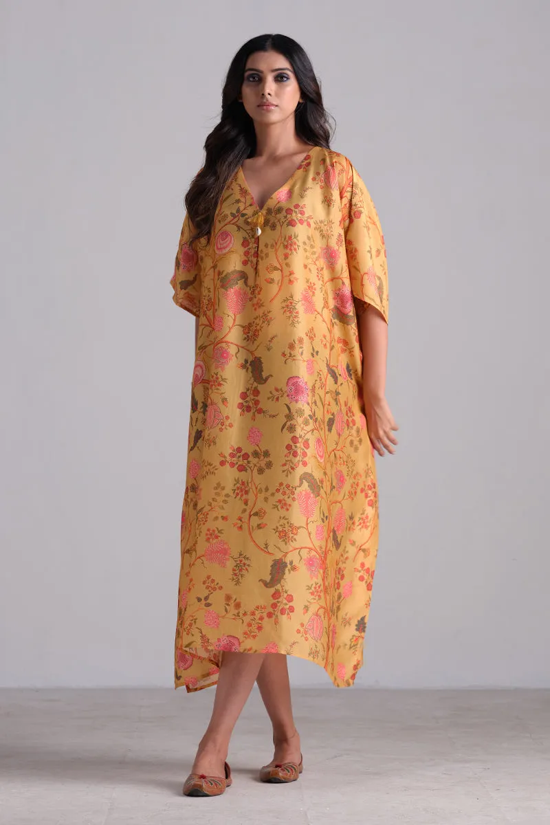 Ochre Yellow Bemberg Raw Silk Chintz Printed Kaftan With Tassel Detailing