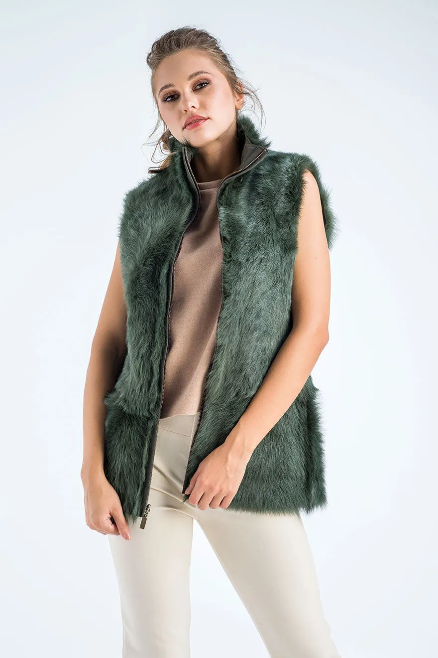 Olive Geniune Reversible Sheepskin Fur Vest