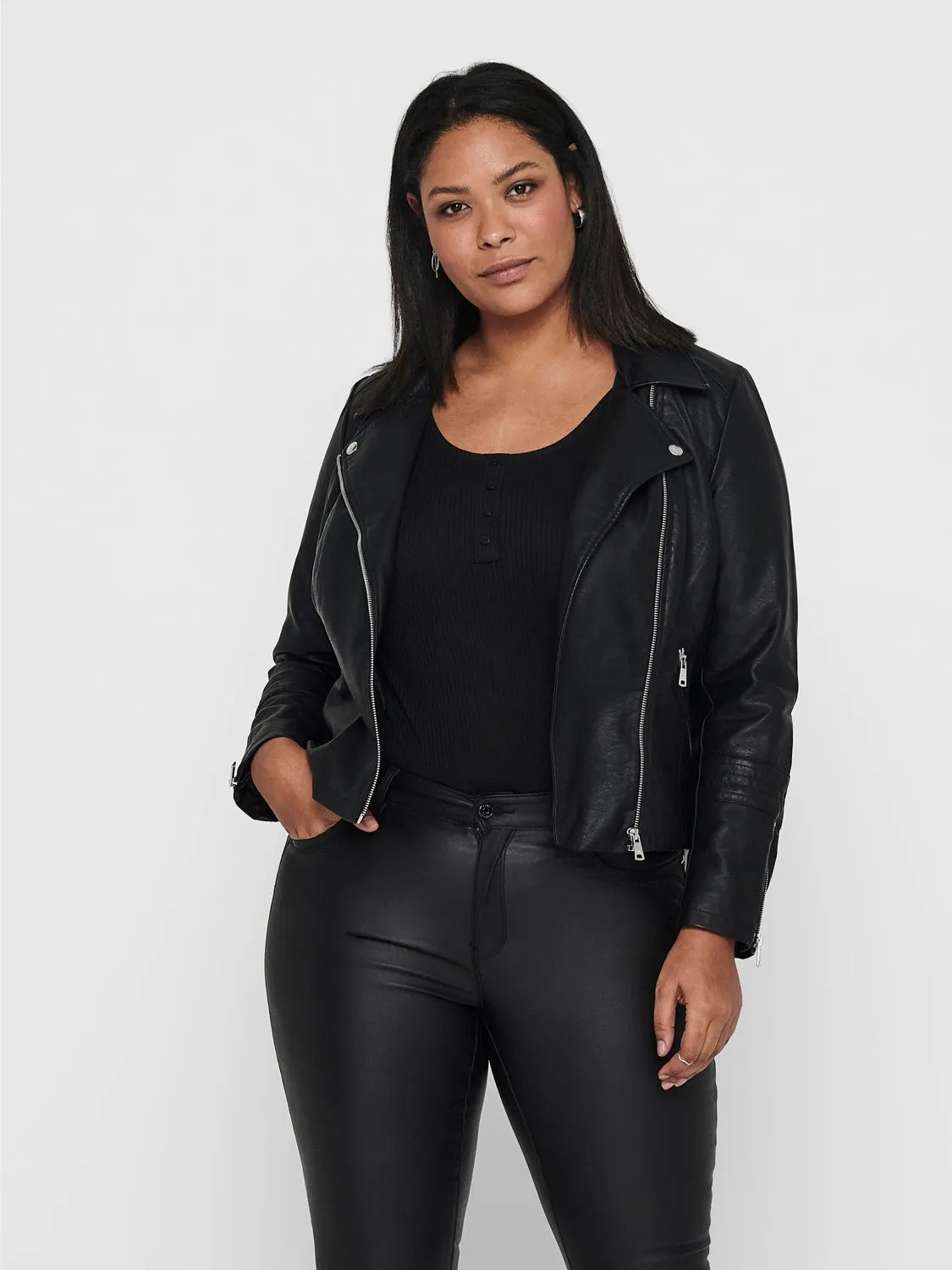 Only Carmakoma Faux Leather Biker Jacket in Black