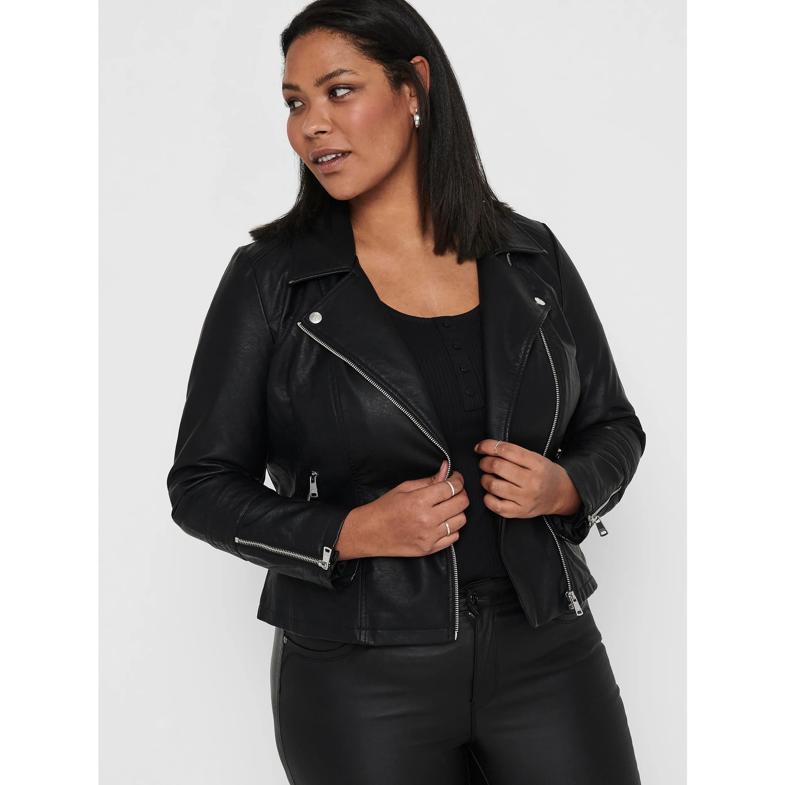 Only Carmakoma Faux Leather Biker Jacket in Black