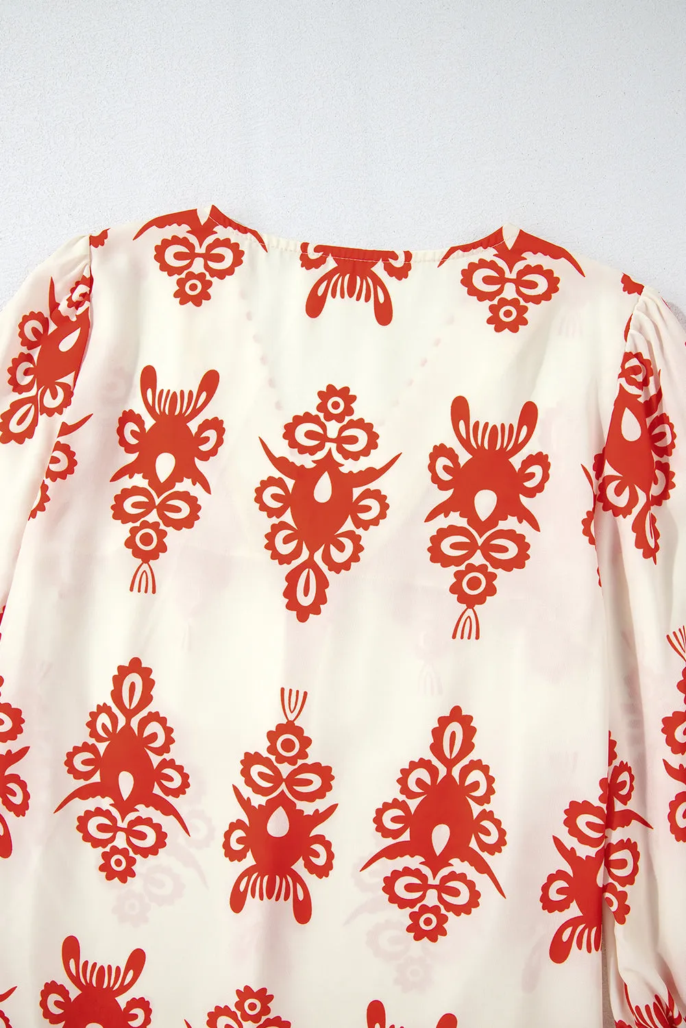 Orange Vintage Geometric Printed 3/4 Sleeve V Neck Blouse