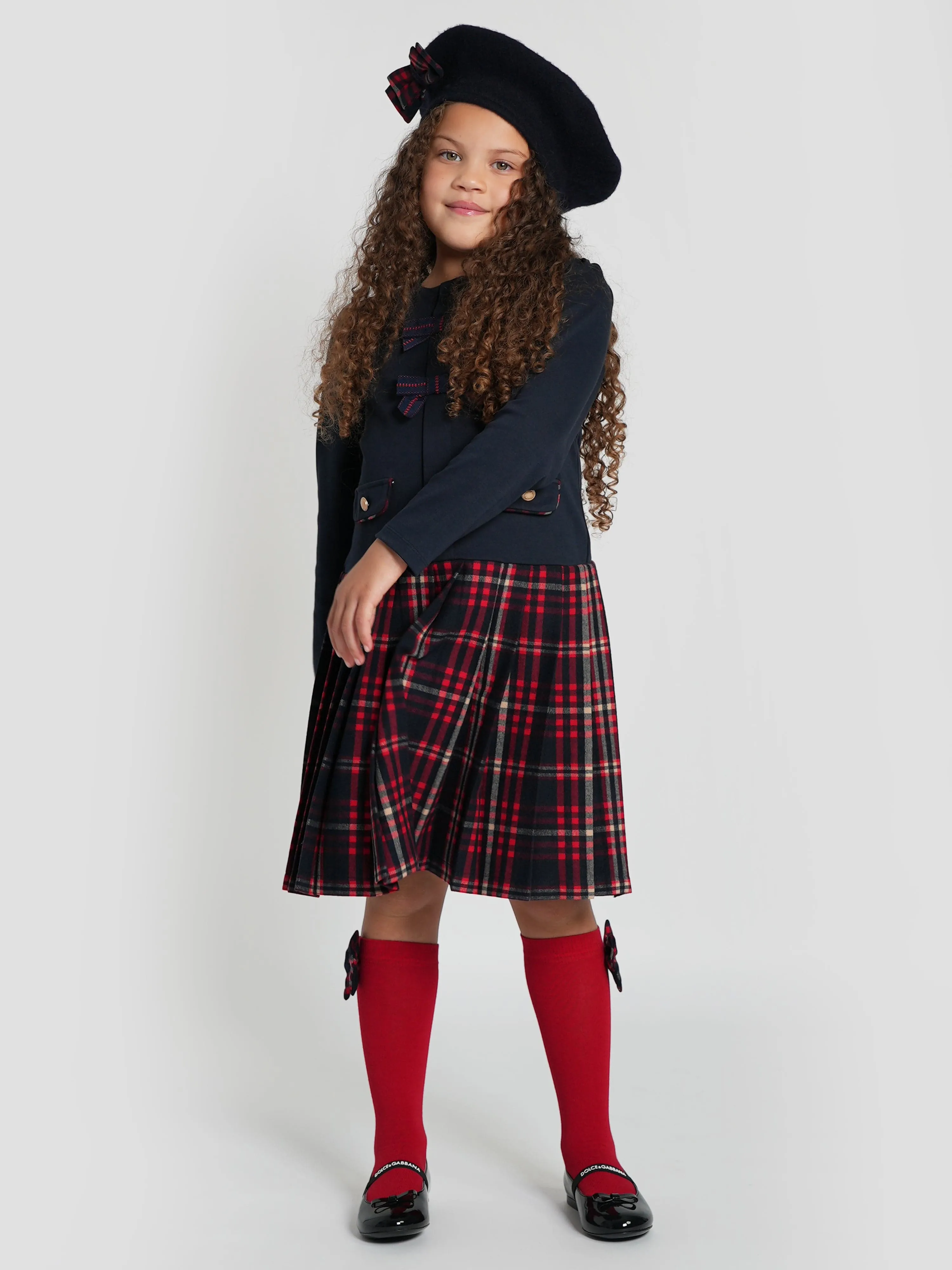 Patachou Girls Jersey and Tartan Flannel Dress in Navy