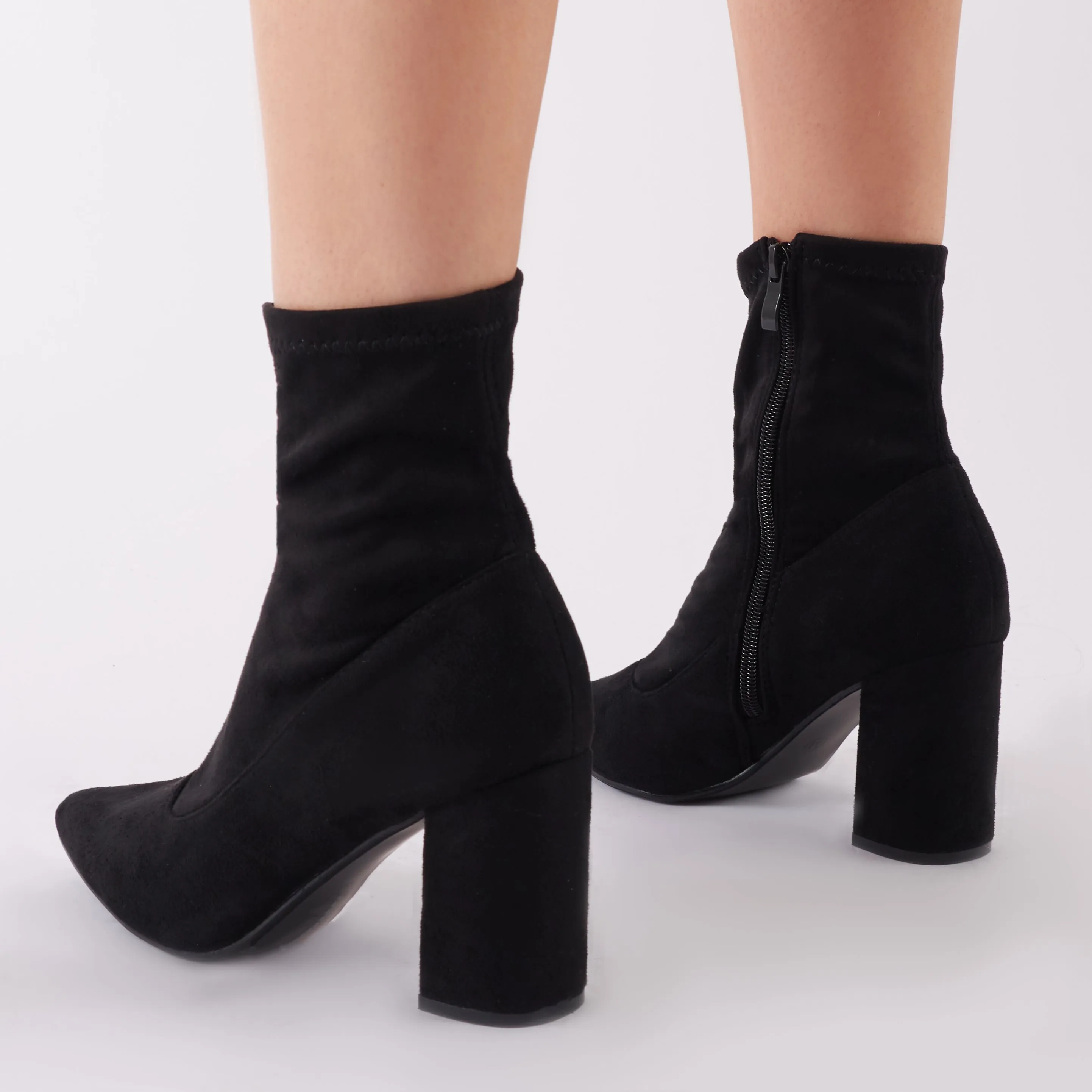 Perri Sock Fit Ankle Boots in Black Faux Suede