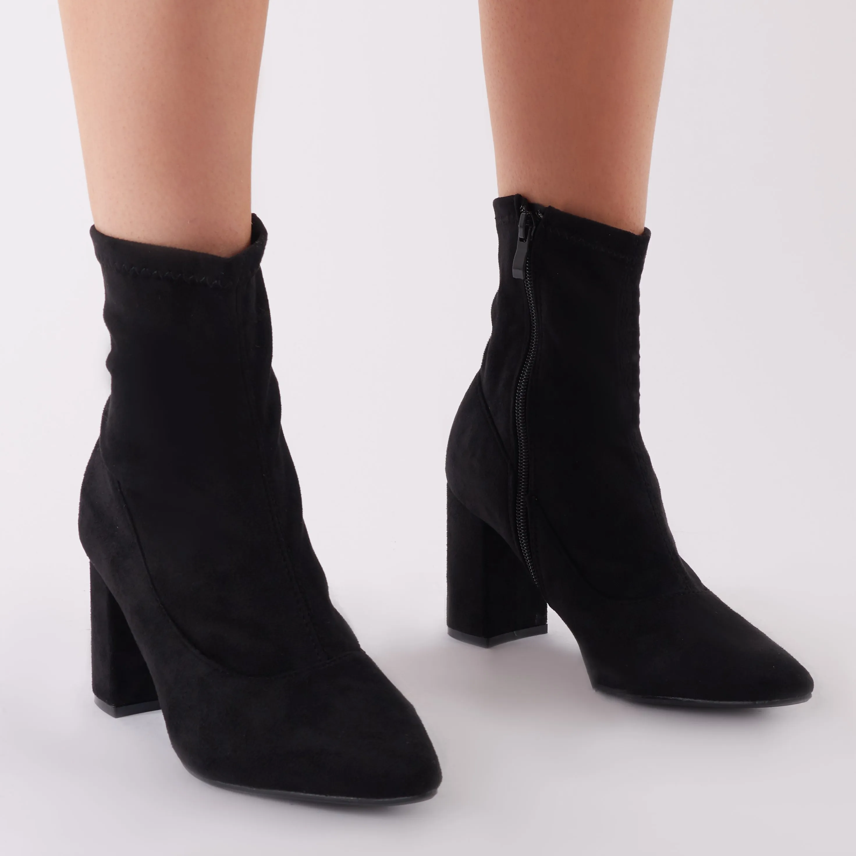 Perri Sock Fit Ankle Boots in Black Faux Suede