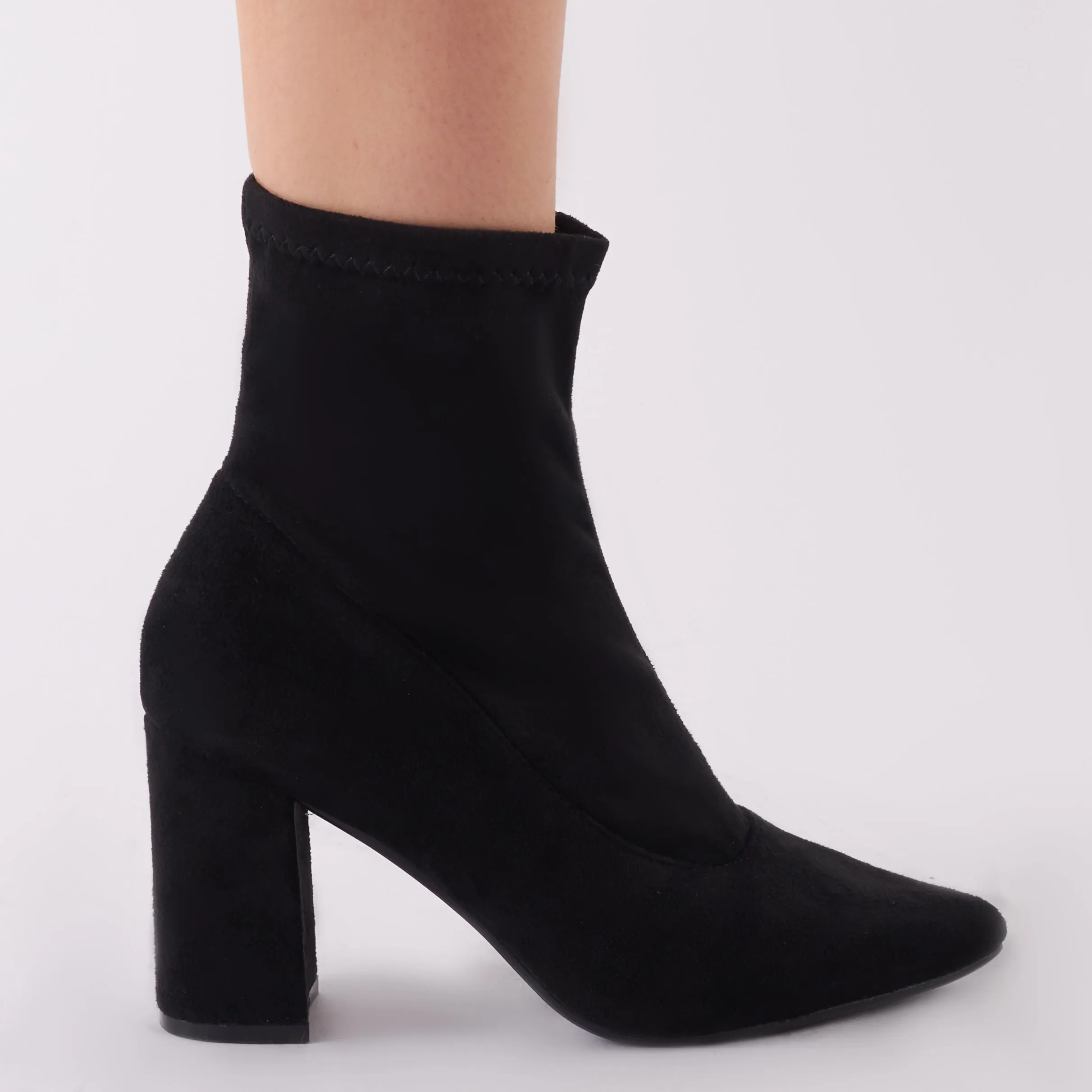 Perri Sock Fit Ankle Boots in Black Faux Suede