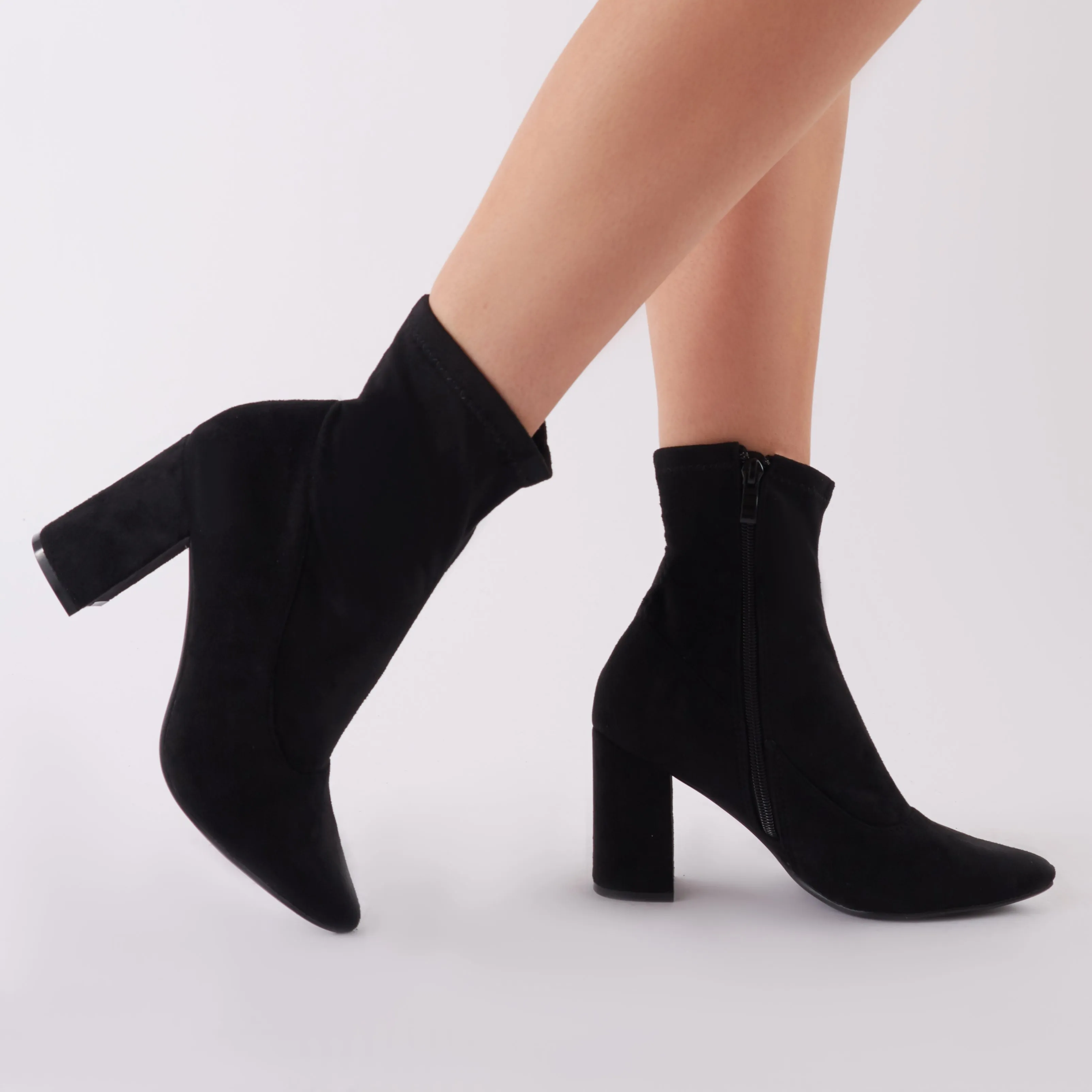 Perri Sock Fit Ankle Boots in Black Faux Suede